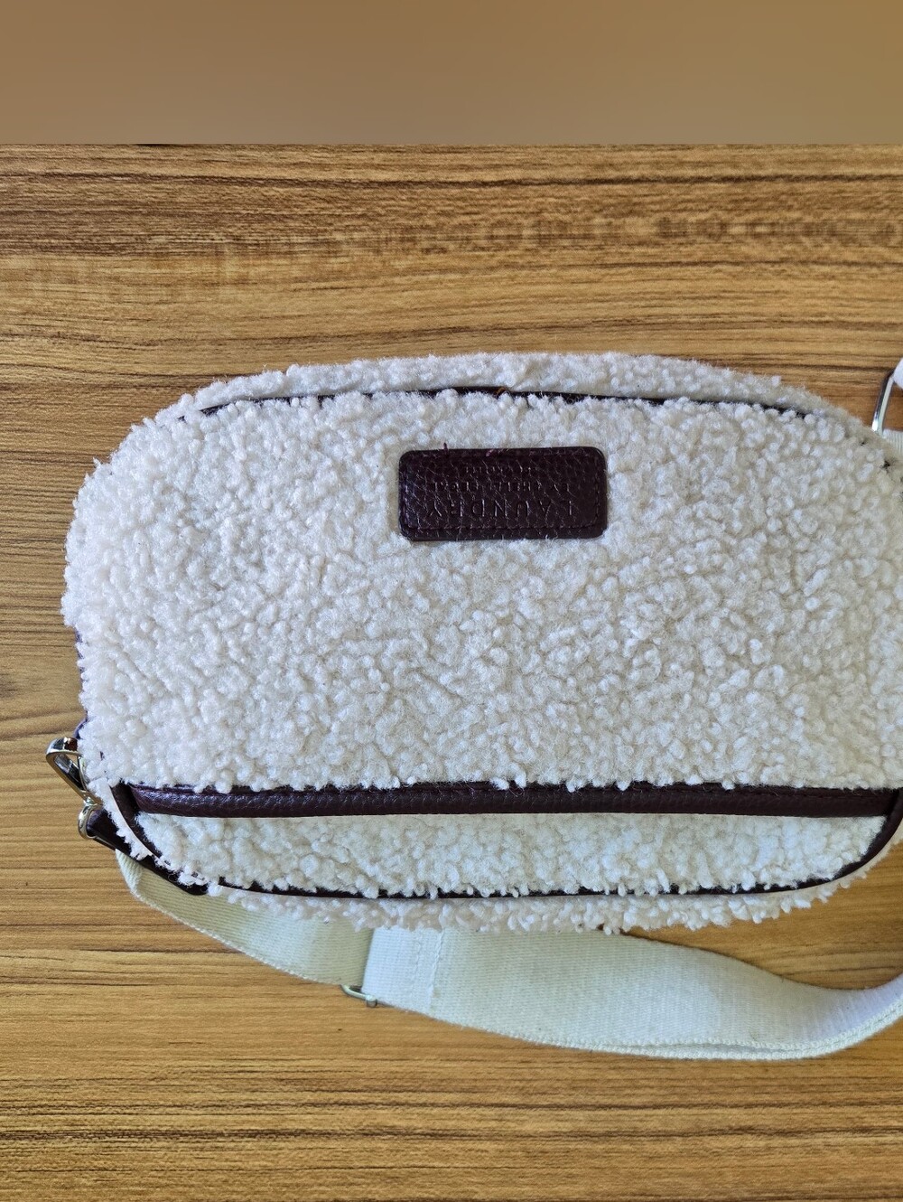 Laundry by Shelli Segal Ivory Sherpa Crossbody, Brown Trim